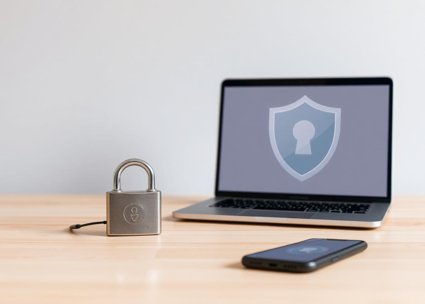 A secure workspace with a laptop, padlock and phone representing data privacy